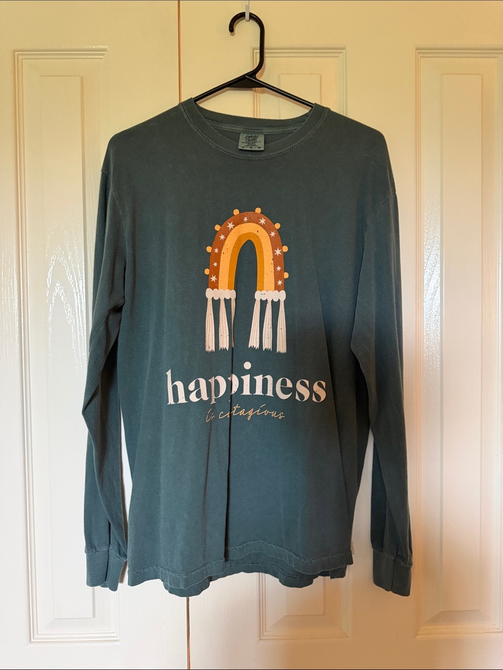 Comfort Colors Teal Long-Sleeve Tee with Rainbow 'Happiness' Graphic